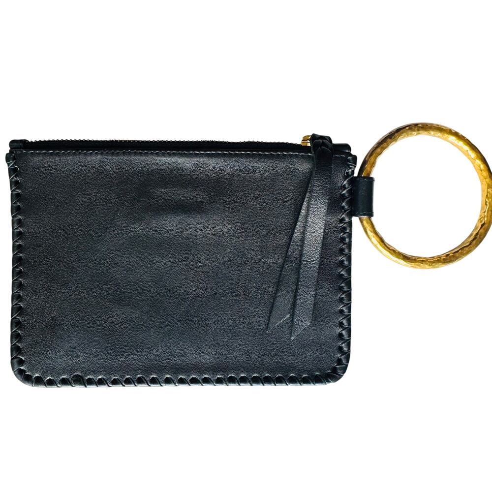 Cleobella Black Leather Whipstitch Wristlet Clutch Brass Circle Ring Handle